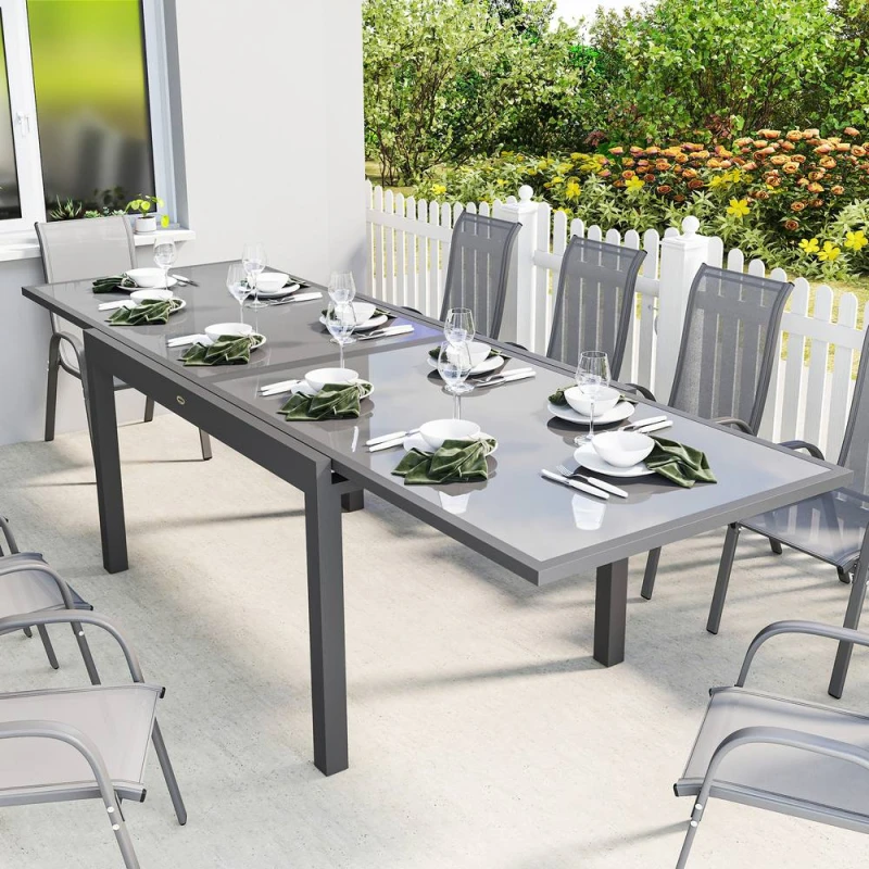 Image of OUTSUNNY Aluminium Extending Garden Table, Glass Top Dining Table, Grey Grey Unisex