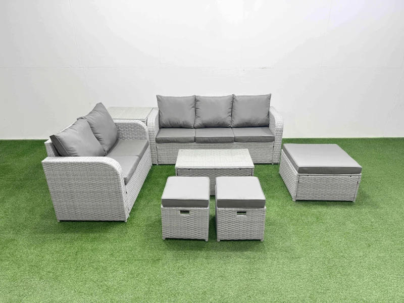 Image of Fimous 8 Seater PE Rattan Wicker Garden Furniture Patio Conservatory Sofa Set with Rectangular Coffee Table 3 Seater Sofa Love Sofa 3 Stool Side Table