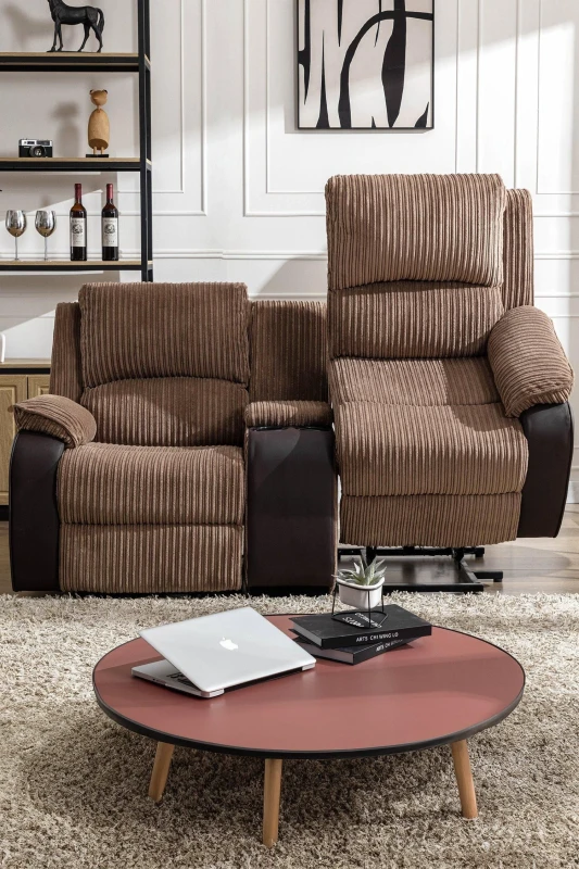 Image of More4Homes Postana Single Motor Rise Recliner 2 Seater Jumbo Cord Drinks Console Mobility Sofa (Brown)