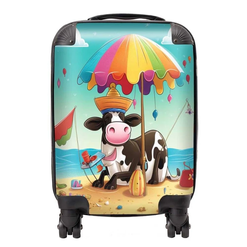 Image of Warren Reed - Designer Cow On A Beach Holiday Suitcase in Yellow Size: Medium Yellow Unisex Medium