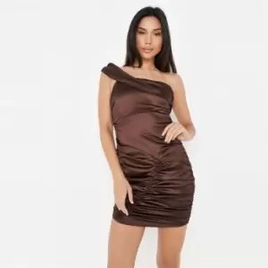 Image of Missguided Bardot Exposed Seam Mini Dress Satin - Brown