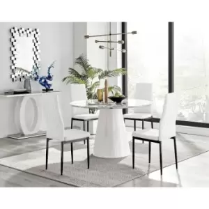 Image of Furniturebox Palma White Marble Effect 120cm Round Minimalist Dining Table & 4 White Milan Black Leg Faux Leather Chairs