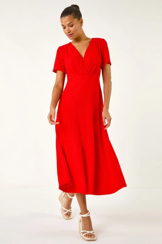 Image of Roman Womens Textured Wrap Bodice Midi Dress in Red Size: 16 Red Female 16