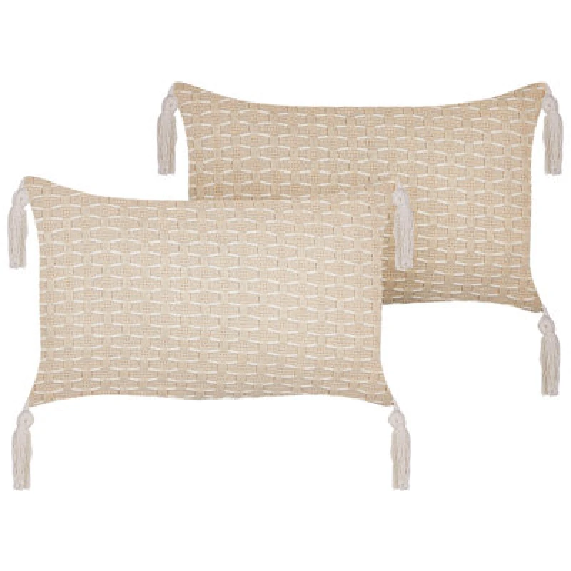 Image of Beliani Set Of 2 Decorative Cushions Hakone 45 X 25cm Light Beige Geometric Pattern