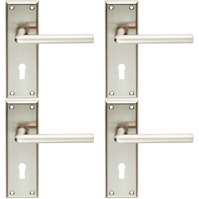 Image of Loops 4x PAIR Rounded Lever on Lock Backplate Door Handle 150 x 50mm Satin Nickel Metallics