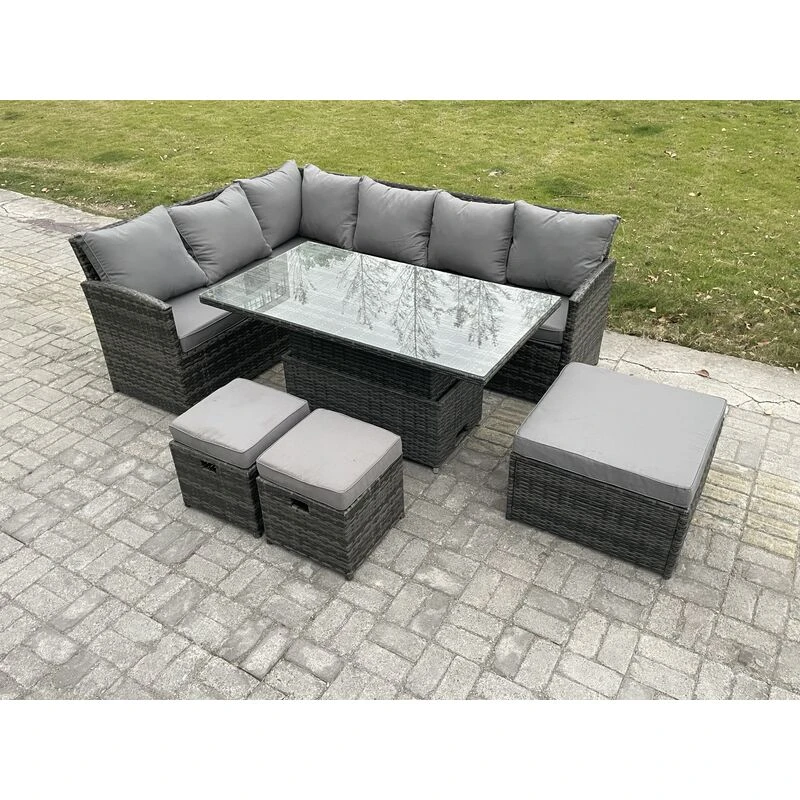 Image of Fimous Wicker PE Outdoor Rattan Garden Furniture Set Height Adjustable Rising Lifting Table Sofa Dining Set with 3 Footstools Dark Grey Mixed Dark Gre