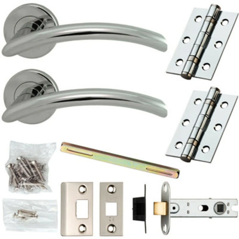 Image of Loops Door Handle & Latch Pack Chrome Modern Arched Slim Bar on Screwless Round Rose Multi