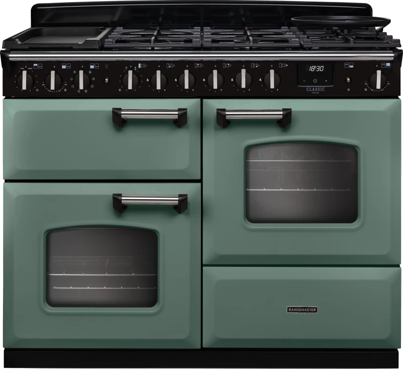 Image of Rangemaster Classic Deluxe 110 CLDLO110DFPMGR/CM1 110cm wide Dual Fuel Range Cooker with Gas Hob - Green / Chrome - A Rated