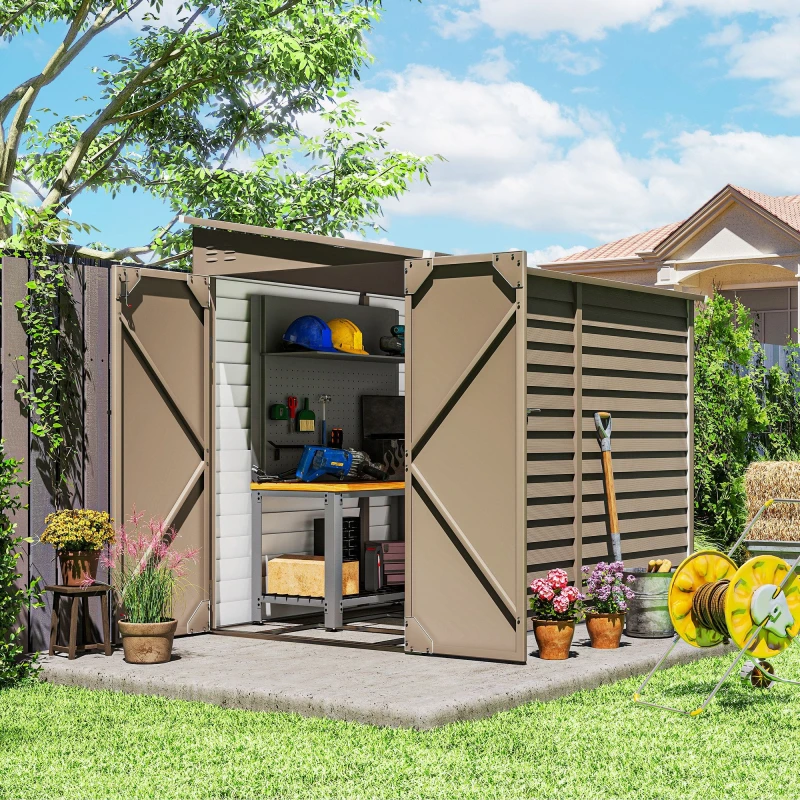 Image of Outsunny 5 x 9ft Galvanised Metal Garden Shed with Foundation Kit, Brown, Brown 845-841V01BN