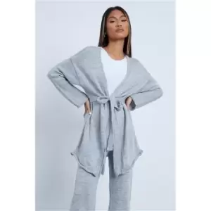 Image of I Saw It First Grey Marl Soft Belted Wrap Cardigan And Culotte Knitted Set - Grey
