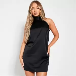 Image of I Saw It First Satin Halterneck Tie Shift Dress - Black