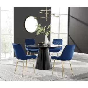 Image of Furniturebox Palma Black Semi Gloss 120cm Round Minimalist Dining Table & 4 Navy Pesaro Gold Leg Chairs