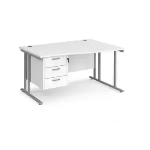 Image of Office Desk Right Hand Wave Desk 1400mm With Pedestal White Top With Silver Frame Maestro 25 MC14WRP3SWH
