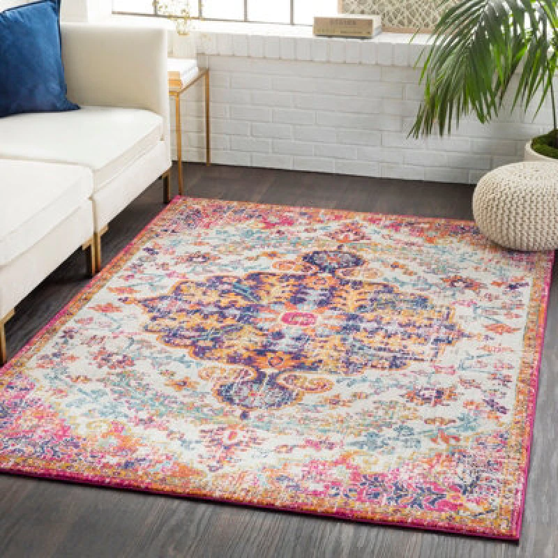 Image of Livabliss Vintage Oriental Boho Neon Pink Lou Area Rug 160 X 220 Cm - Easy Care, Non Shedding, Ideal For Living Room & Bedroom