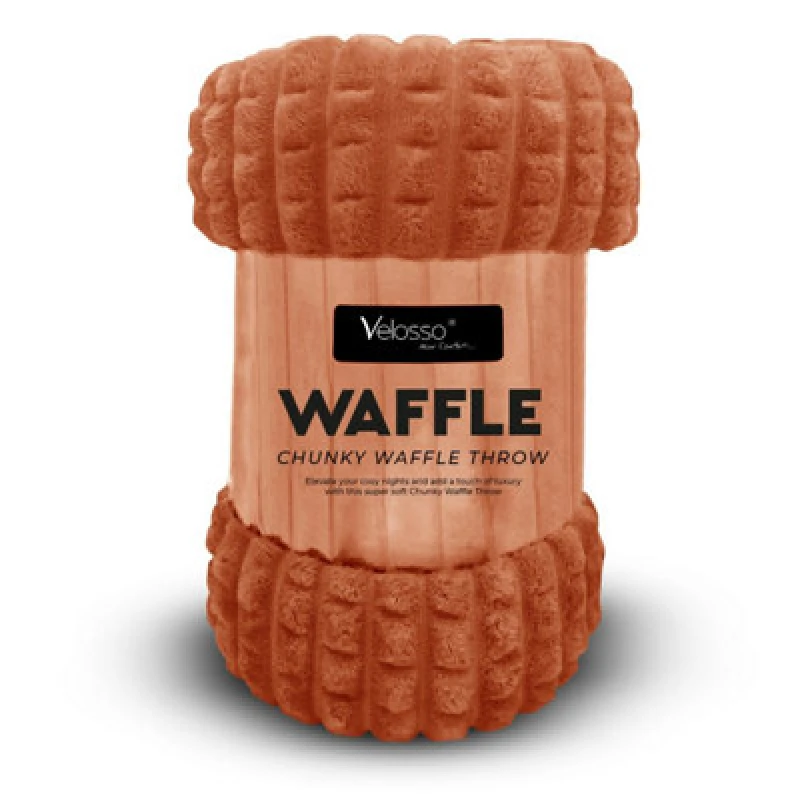 Image of Velosso Elegant Waffle Style Ribbed Thermal Plush Throw - Cosy Winter Embossed Fur Blanket For Sofa, Bed - 127Cm X 152Cm - Rust