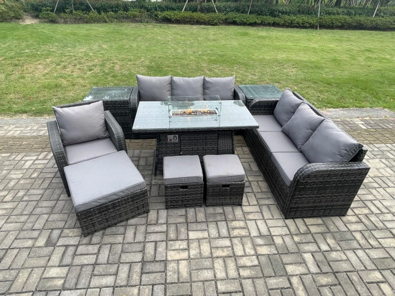 Image of Fimous Wicker Rattan Garden Furniture Set Gas Fire Pit Dining Table Reclining Chair 3 Seater Sofa Set Indoor Outdoor with 2 Side Tables 3 Footstools D
