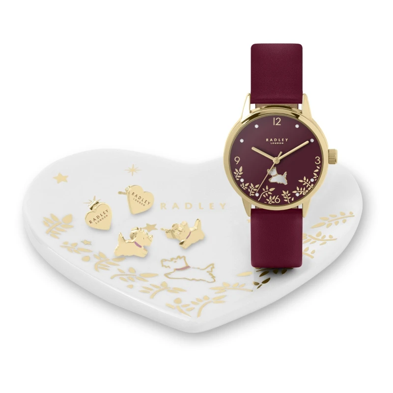 Image of Radley Cranberry Leather Watch, Earring & Trinket Tray Set