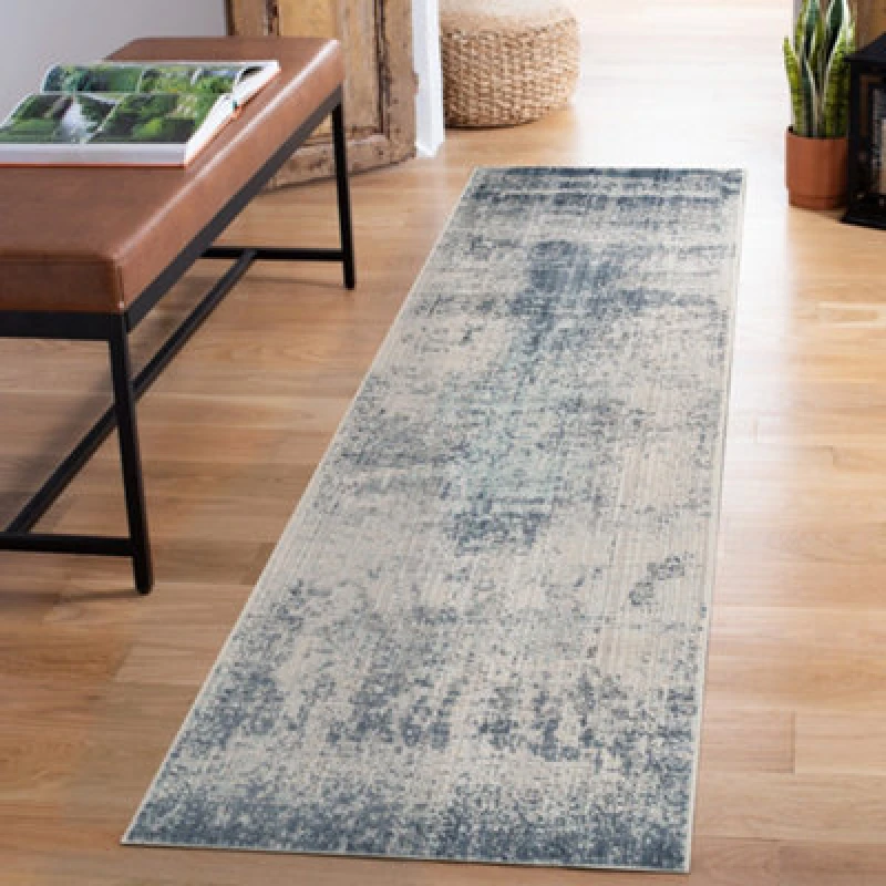 Image of Maia Washable Low Pile Non Slip Mist Abstract Area Rug - Navy, 60 X 220 Cm (Runner)