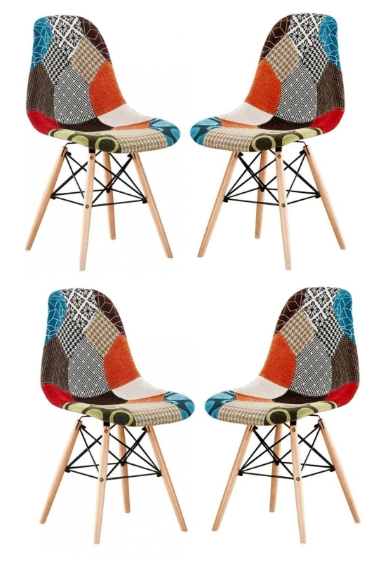 Image of Life Interiors Life Interiors Set of 4 Colorful Patchwork Accent Chairs with Wooden Legs and Metal Wire Frame - Mid-Century Modern Dining Chair Multi