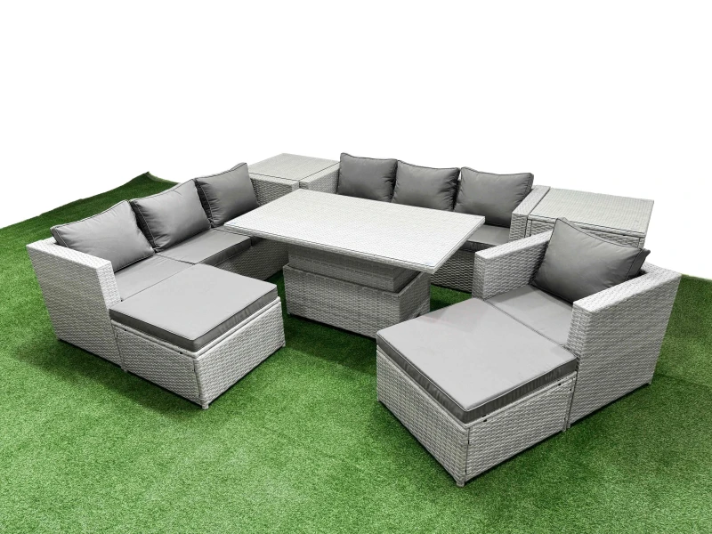 Image of Fimous 7 Pcs Rising Dining Table Set Rattan Furniture Set With 3 Seater Sofa Chair 2 Big Footstool 2 Side Tables Light Grey