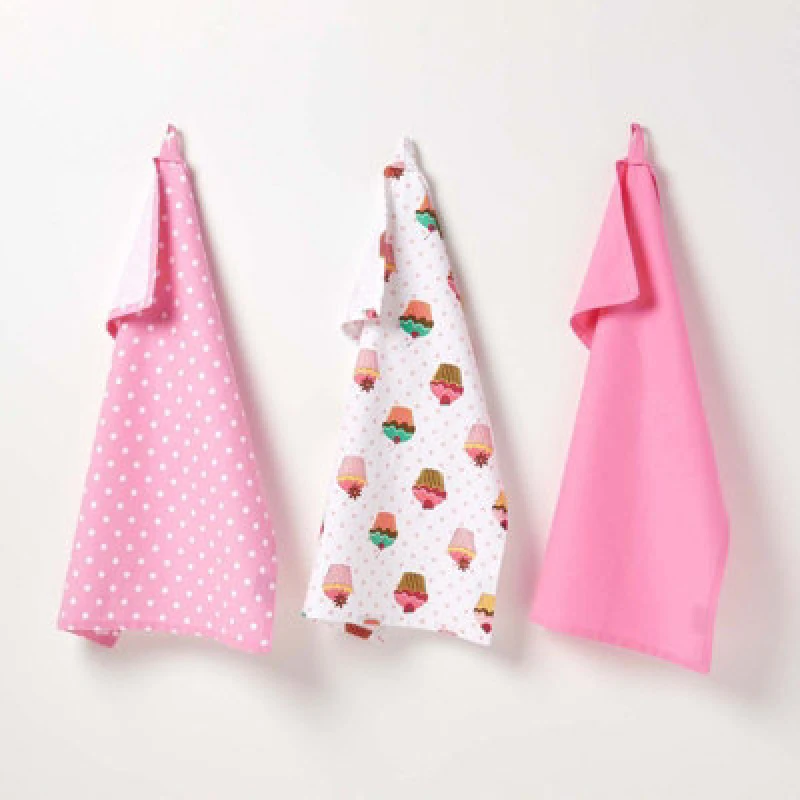 Image of Homescapes Cotton Cupcakes Pink Blue Tea Towels Set Of Three Pink
