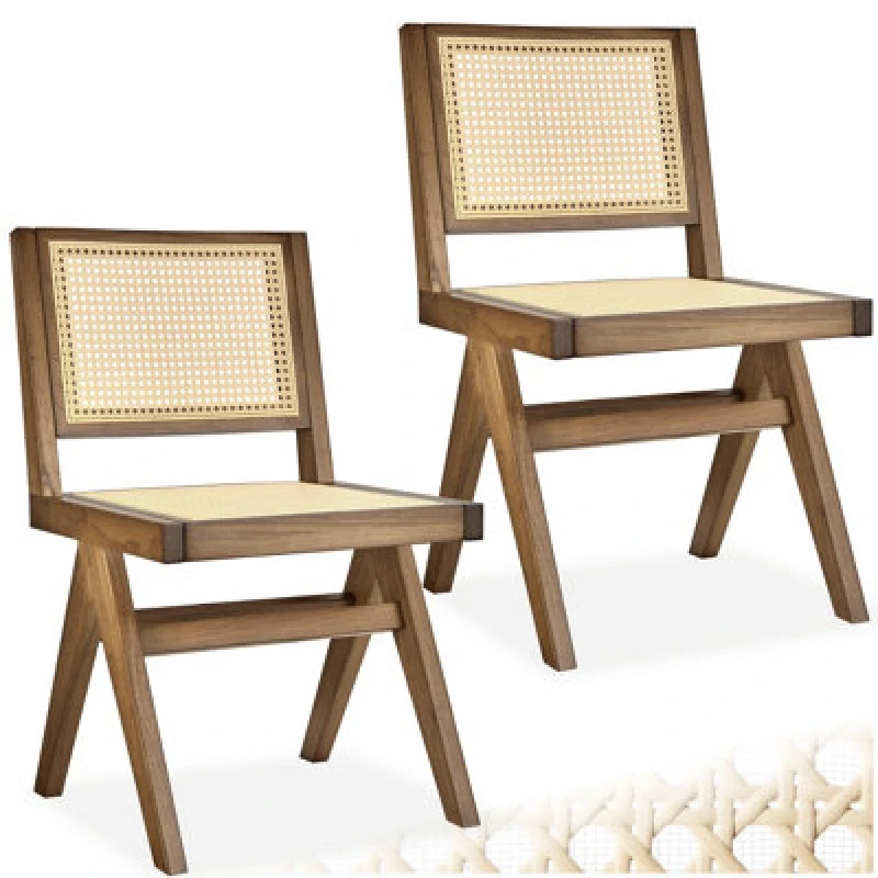 Image of Tectake Set Of 2 Accent Chair Lizzy With Mid-Century Modern Design, Rattan Backrest And Solid Wood Frame - Light Oak