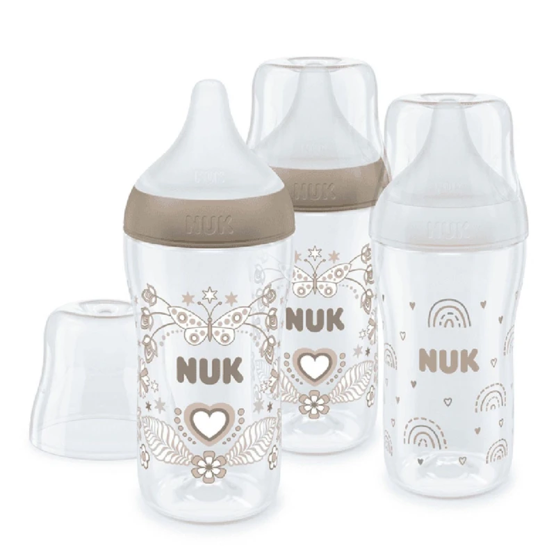 Image of NUK Perfect Match Temperature Control x3 260ml Feeding Bottles Rainbow & Heart Design in Clear Clear Unisex