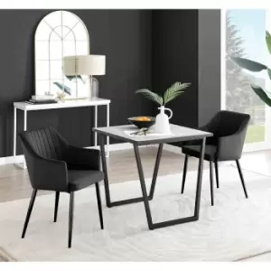 Image of Furniture Box Carson White Marble Effect Square Dining Table and 2 Black Calla Black Leg Chairs