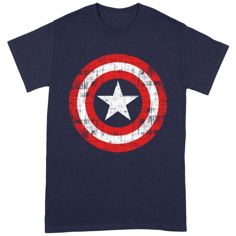 Image of Captain America Mens Scratched Shield T-Shirt in Navy Size: Small Navy Male S