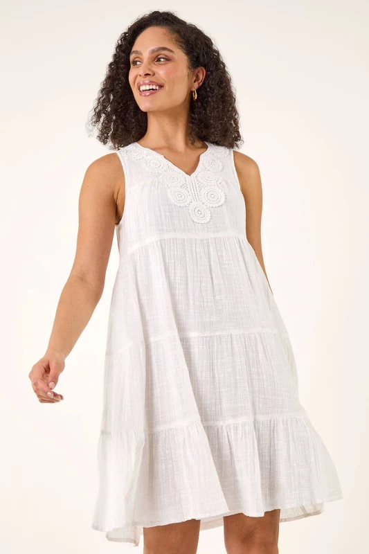 Image of Roman Womens Cotton Trim Detail Smock Dress in White Size: 12 White Female 12