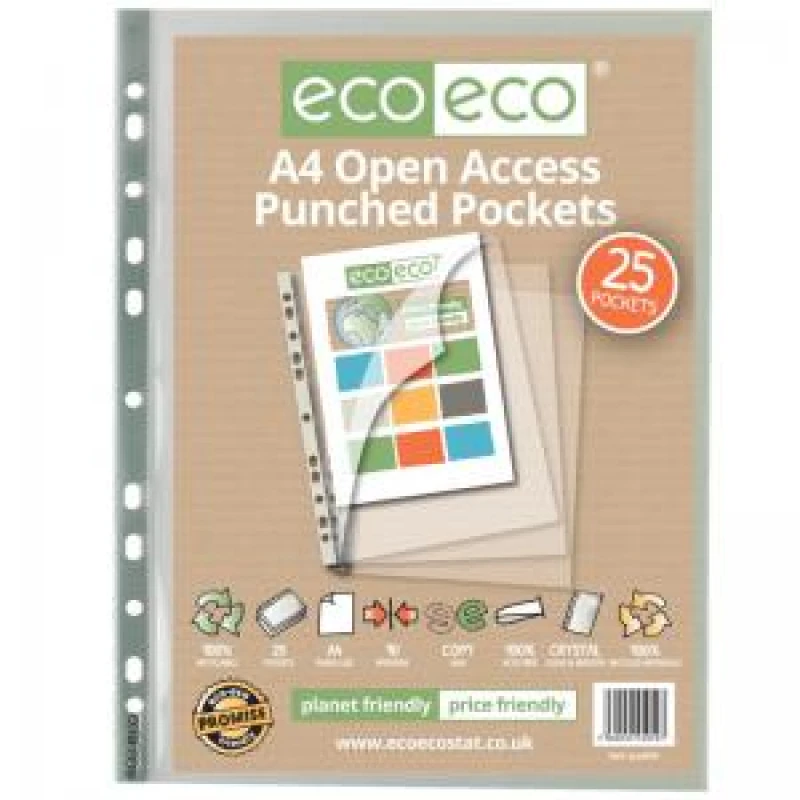 Image of Eco Eco 100% Recycled Open Access Punched Pocket A4 Clear (25 Pack) eco059-S