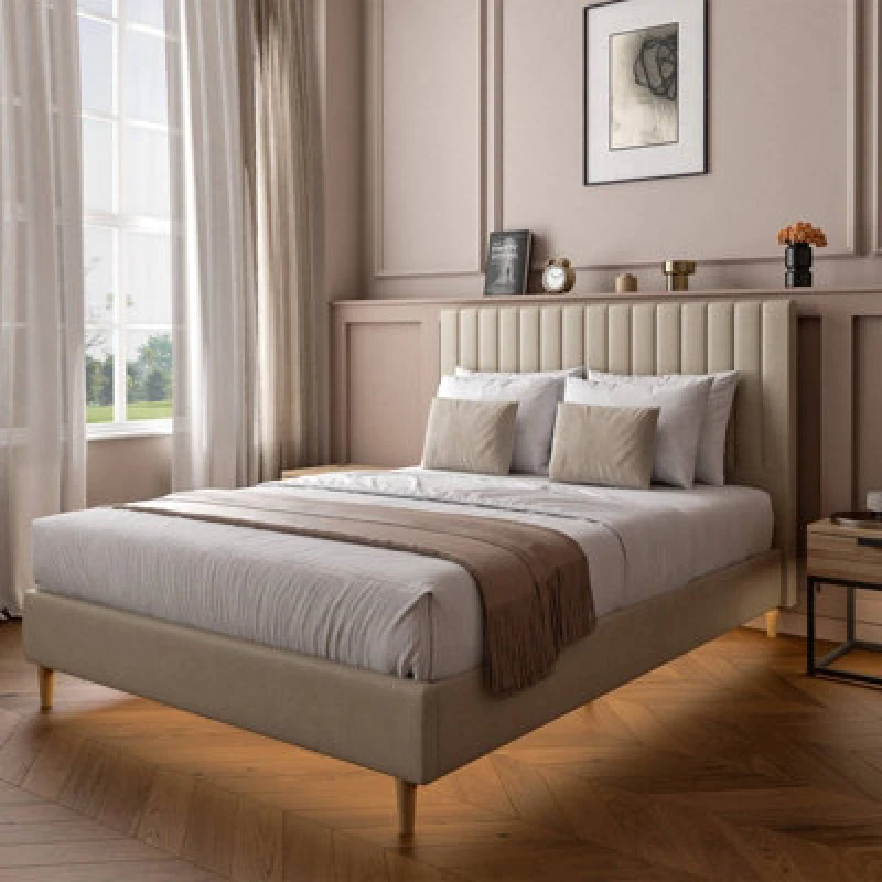 Image of X Rocker Maisie Upholstered Velvet Bed Frame with LED Lights Beige