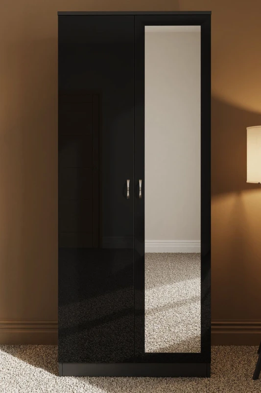 Image of FWStyle FWStyle High Gloss 2 Door Mirrored Double Wardrobe in Black One Size Unisex 5056413121189