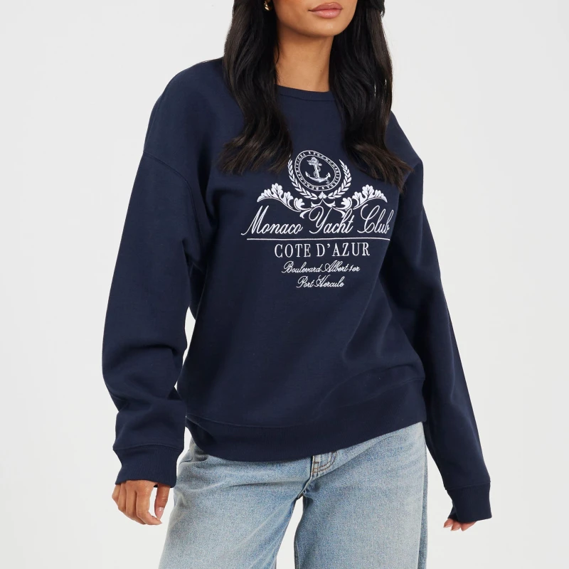 Image of Brave Soul BS Womens Crew Neck Sweatshirt with Monaco Yacht Club Embroidery Navy/White female 14 (L)