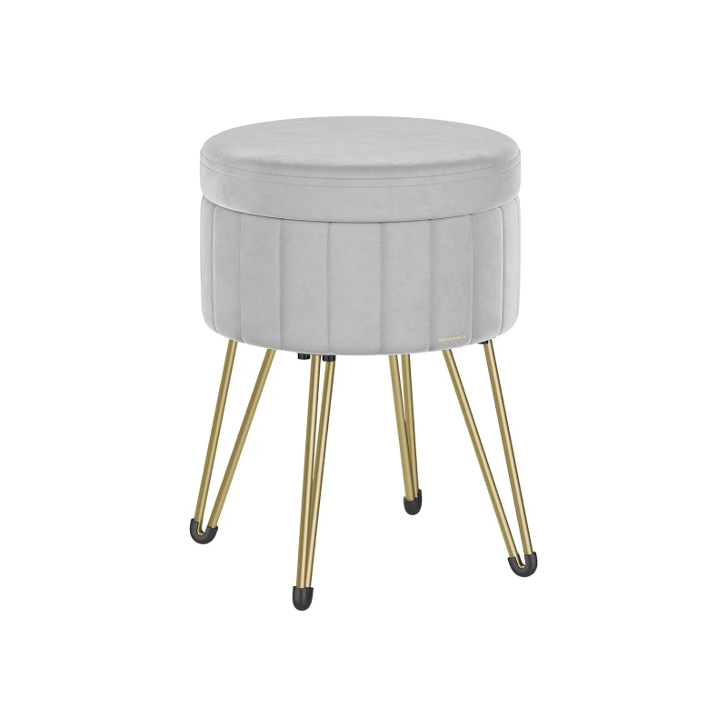 Image of Songmics Storage Ottoman, Velvet Dressing Table Stool, Round Storage Stool Seat, 4 Metal Legs, Dove Grey