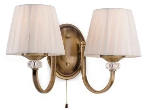 Image of 2 Light Indoor Wall Light (Switched) Antique Brass, Pleated Cream Shades, E14