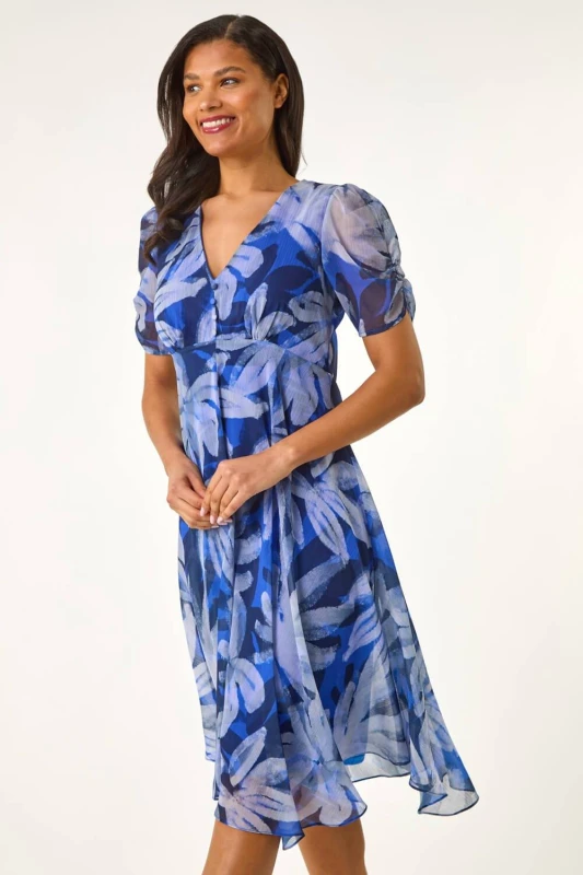 Image of Roman Womens Abstract Floral Print Hanky Hem Dress in Blue Size: 14 Blue Female 14
