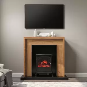 Image of Oak Effect Electric Fireplace Suite with Black Stove- AmberGlo