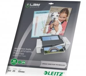 Image of Leitz iLAM 80 Micron A3 Laminating Pouches 25 Pack