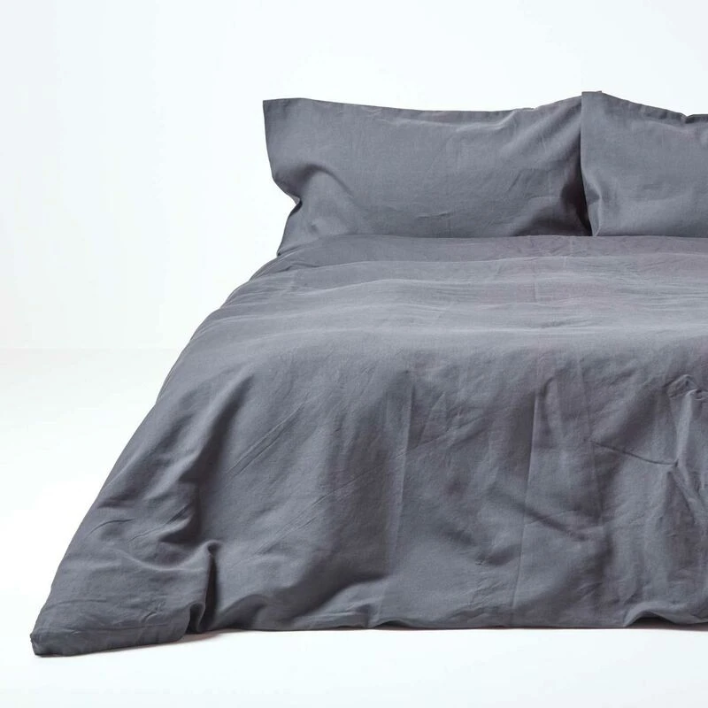 Image of Homescapes Luxury Soft Plain Linen Duvet Cover Set Dark Grey