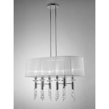 Image of Tiffany pendant light 6 + 6 E27 + G9 bulbs oval, polished chrome with white lampshade & transparent crystal