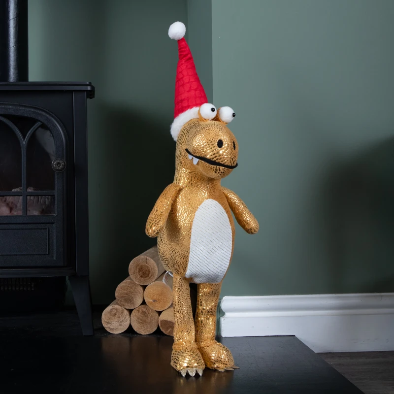 Image of 45cm Gold Plush Tyrone-Rex Dino Standing Christmas Decoration with Santa Hat
