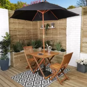 Image of Outdoor 2 Person Folding Square Wooden Garden Patio Dining Table Chairs Parasol and Base Set
