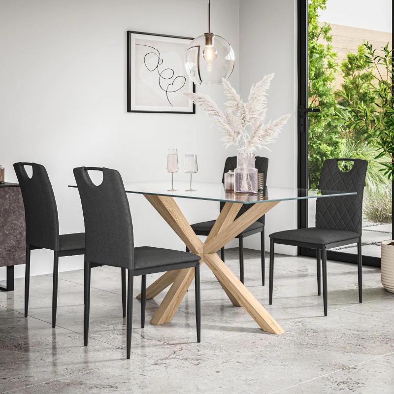 Image of More4Homes Etta Glass Dining Table And Chairs - Glass Top W Solid Oak Legs + Monza Fabric Dining Chair Set Of 4 (Charcoal)