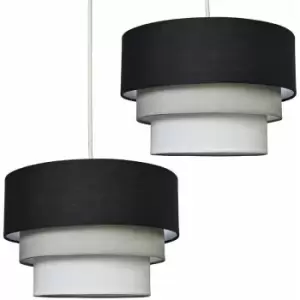 Image of 2 x Round 3 Tier Black, Grey & White Fabric Ceiling Pendant Lamp Light Shades