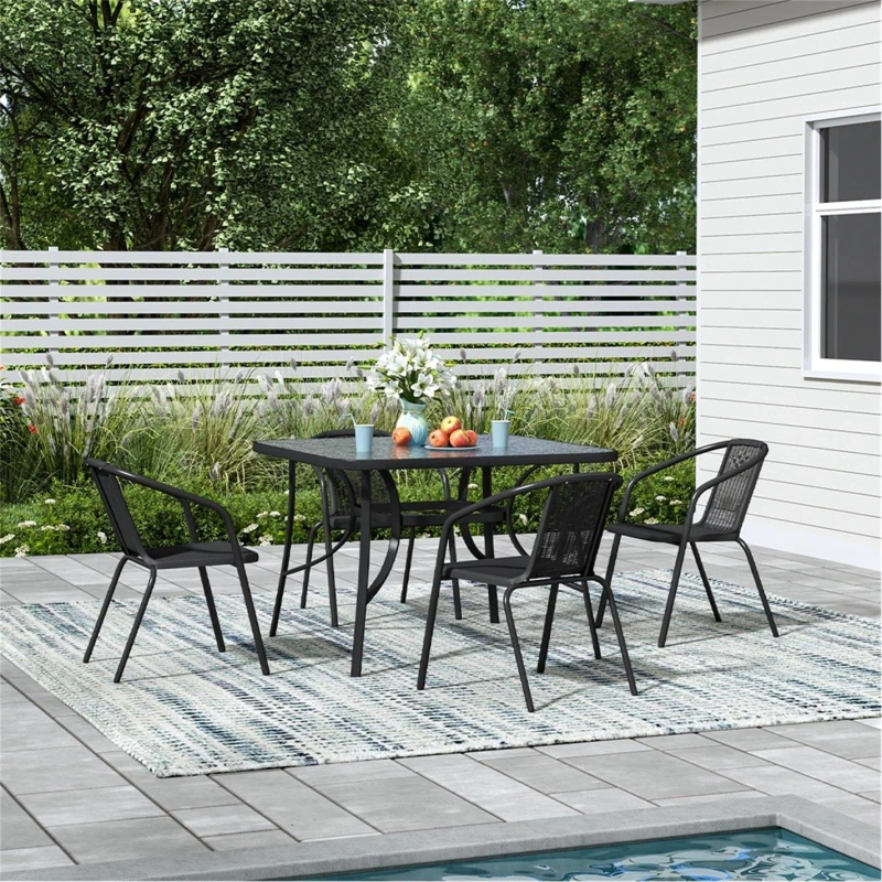 Image of Breeins Tempered Glass Table with 4 Rattan Chairs - Black L