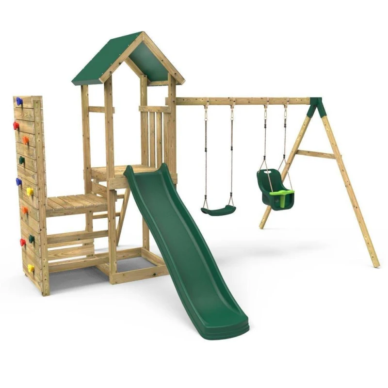 Image of Rebo Wooden Climbing Frame with Swing, Vertical Climbing Wall and Slide - Rainier Green Green