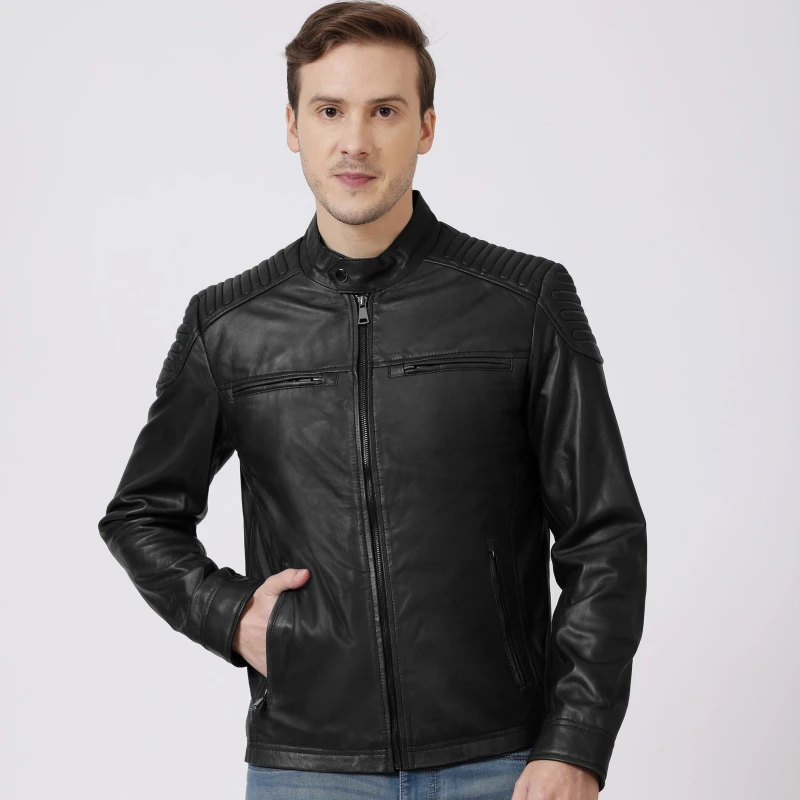 Image of PRIMEHIDE Leather Mens Thomas Biker Leather Long Sleeve Leather Jacket Black male S