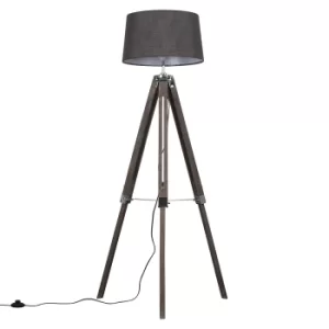 Image of Clipper Light Wood Tripod Floor Lamp with Dark Grey Doretta Shade