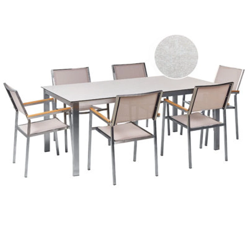 Image of Beliani Garden Dining Set 6 Seater Cosoleto/grosseto Tempered Glass Marble Effect White/ Beige